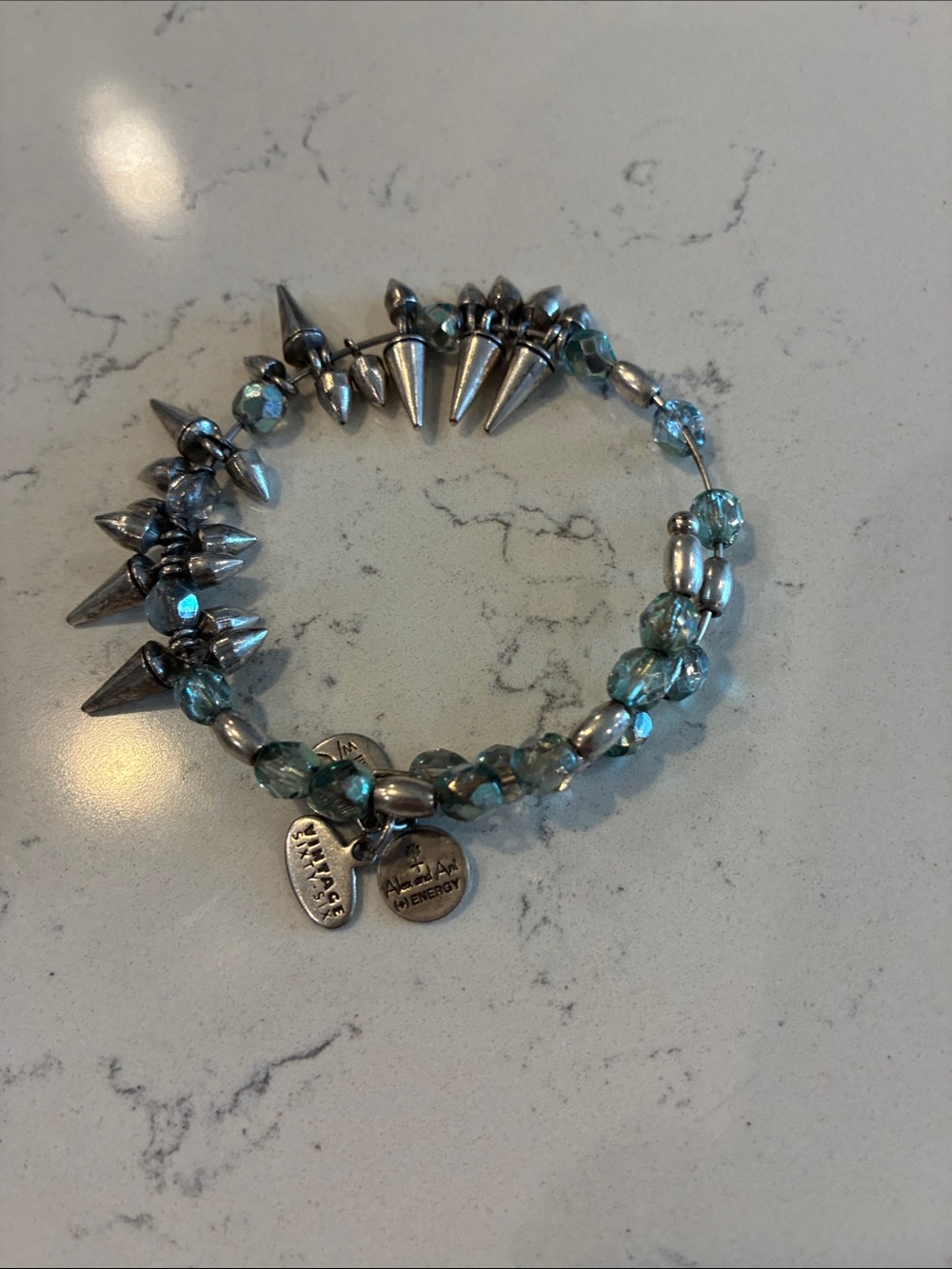 Alex and Ani Teal Faceted Bead Bracelet with Silver Spikes - Picture 2 of 4